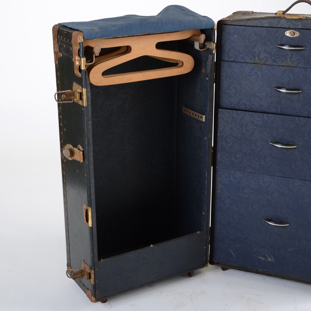 Black Steamer Trunk with Hangers and Four Drawers
