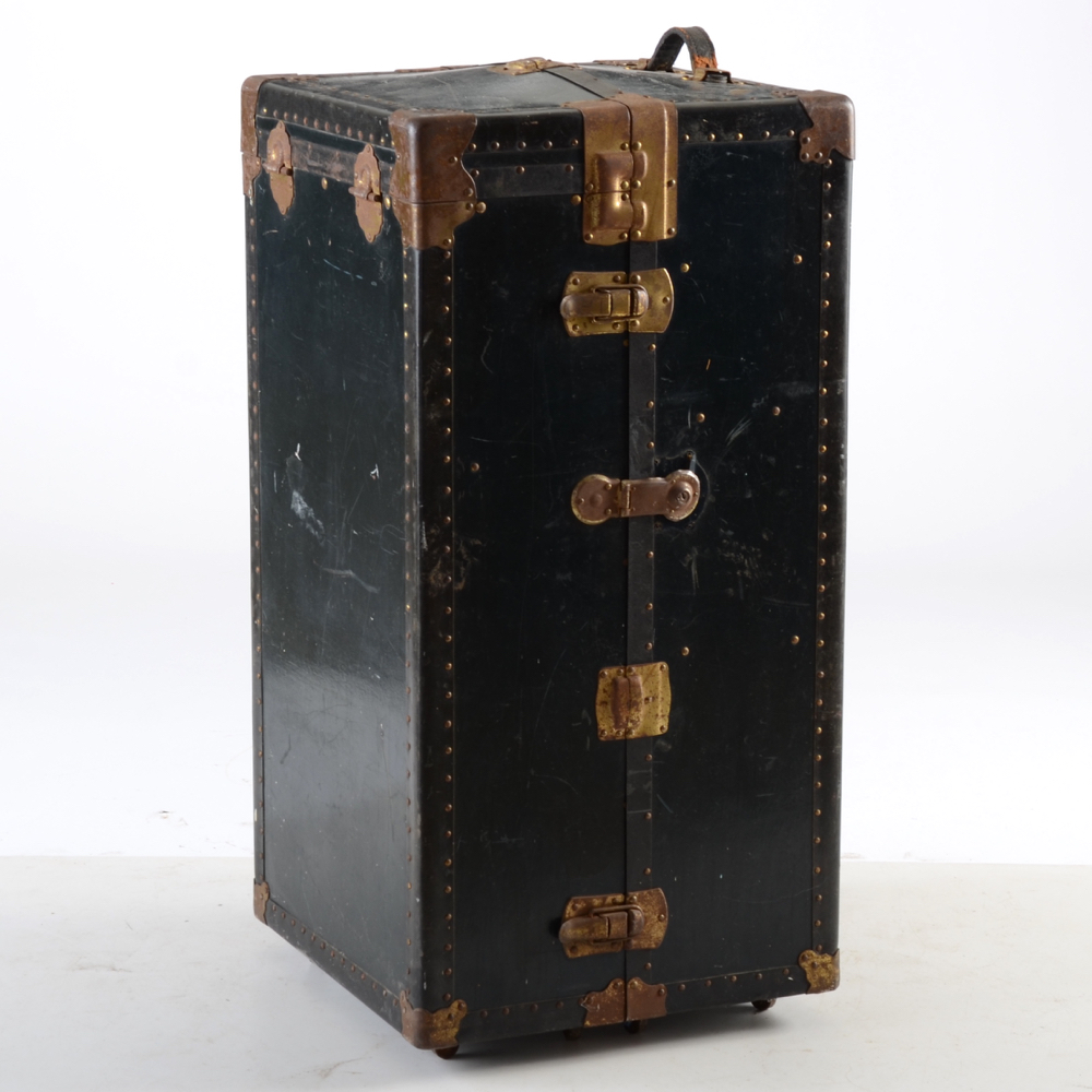 Black Steamer Trunk with Hangers and Four Drawers