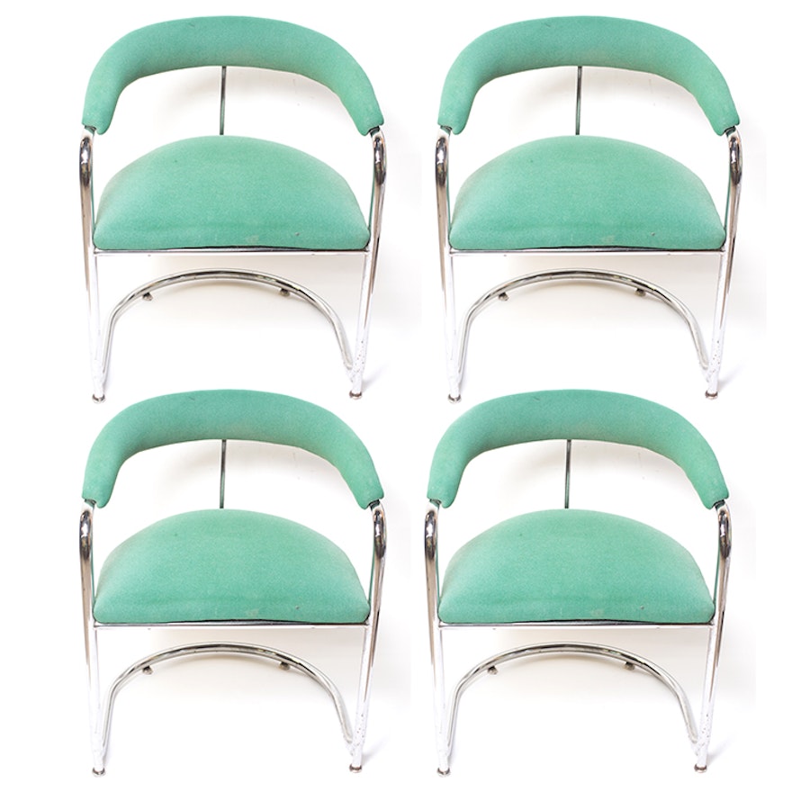 Four Green Wool Mid Century Modern Chairs with Chrome Base