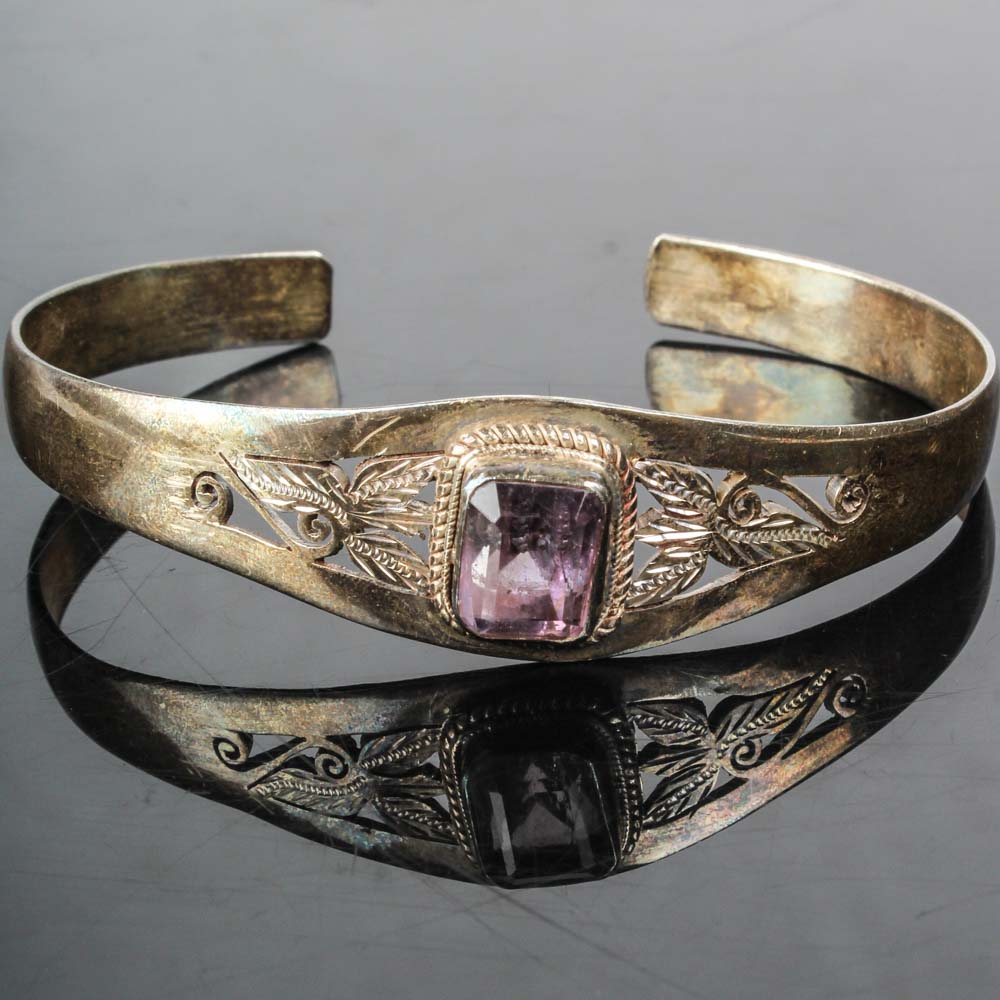 Sterling Silver and Synthetic Amethyst Cuff Bracelet