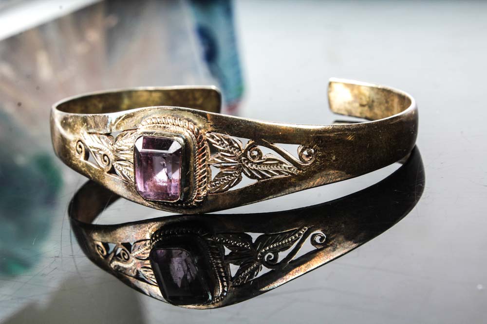 Sterling Silver and Synthetic Amethyst Cuff Bracelet