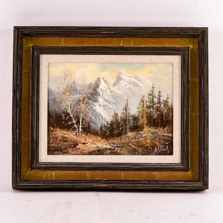 Signed H. Hansung Mountain Landscape Oil Painting