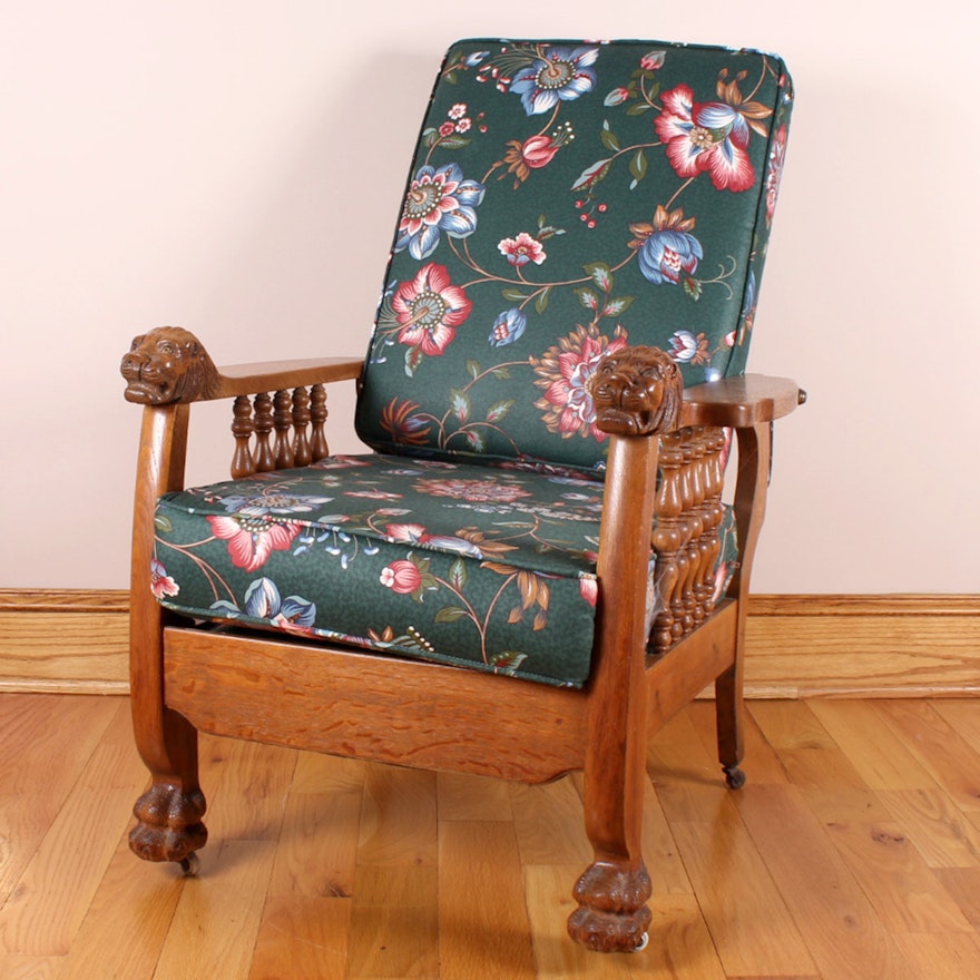 Vintage Oak Morris Chair with Carved Lion Handrest