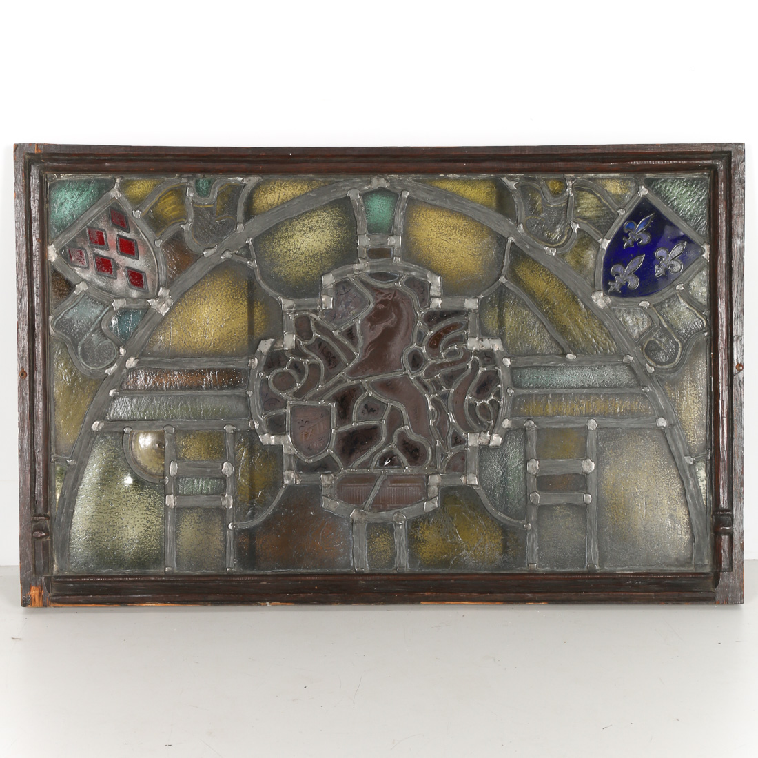 Antique Framed Stained Glass Window with a Unicorn