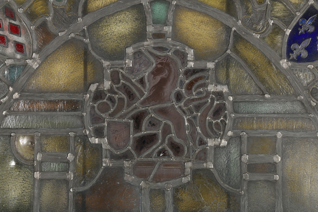 Antique Framed Stained Glass Window with a Unicorn