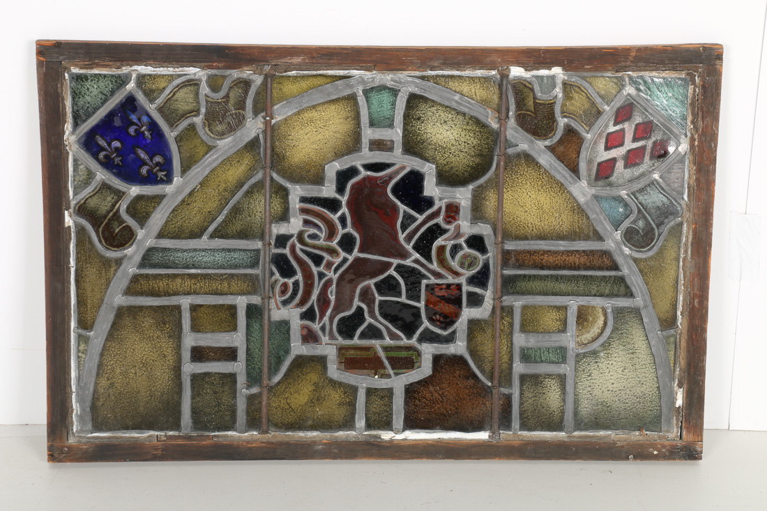 Antique Framed Stained Glass Window with a Unicorn