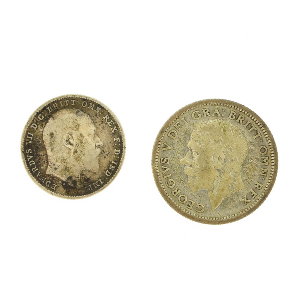 1903 Edward VII Silver Threepence Coin and 1926 Georgivs V Sixpence