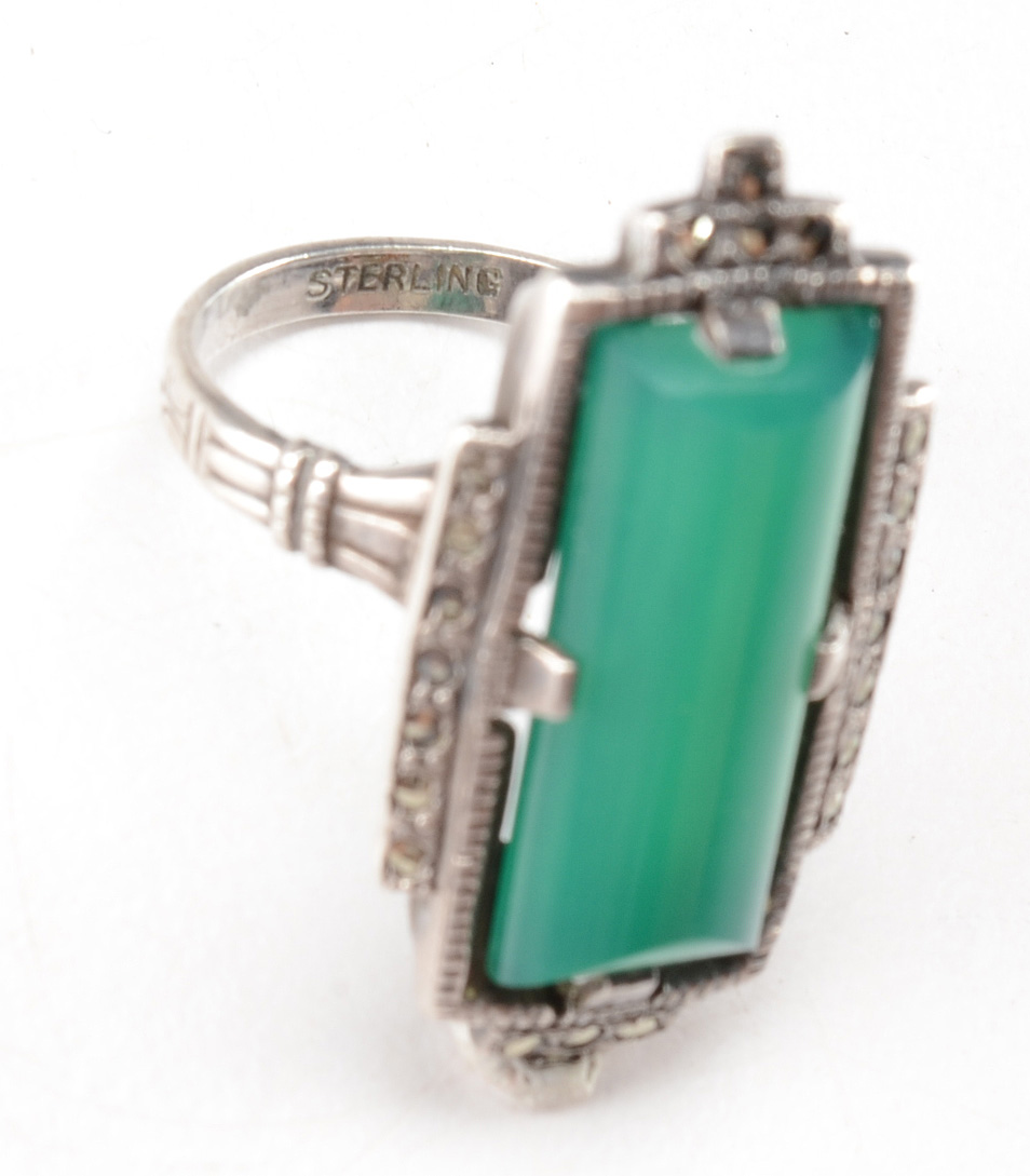 Early 20th Century Art Deco Sterling Silver and Glass Ring