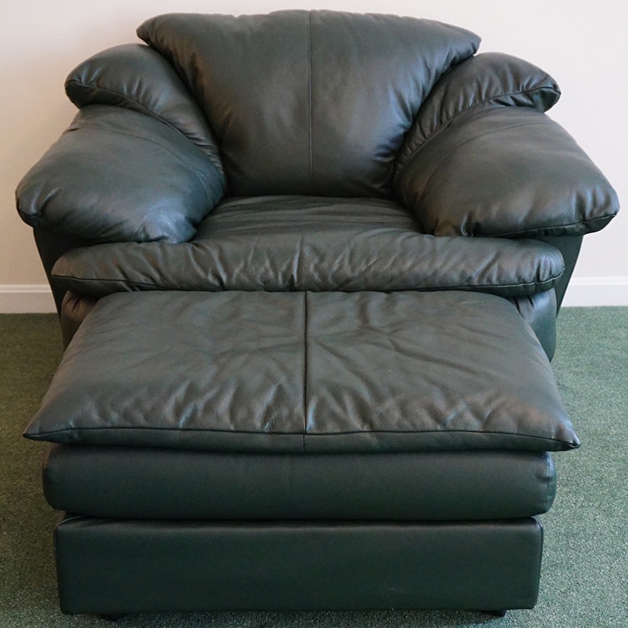 Oversized Hunter Green Leather Chair and Ottoman