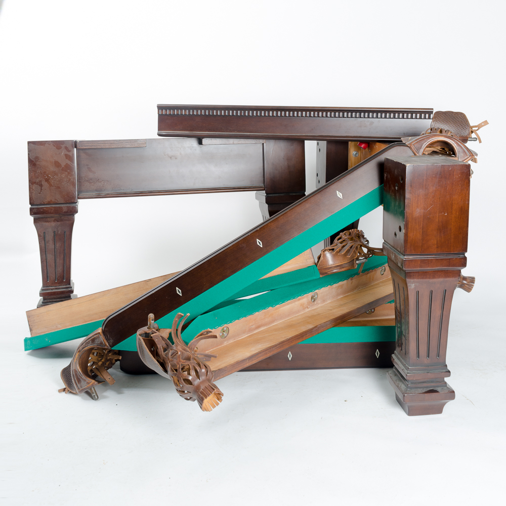 Vintage Disassembled Slate Billiards Table with Leather Pockets