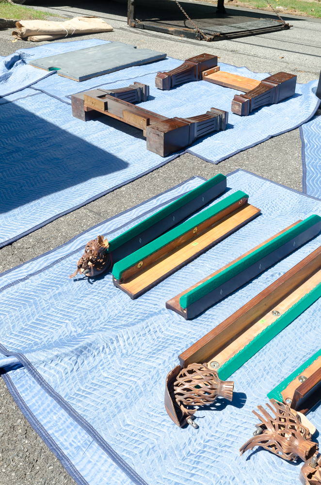 Vintage Disassembled Slate Billiards Table with Leather Pockets