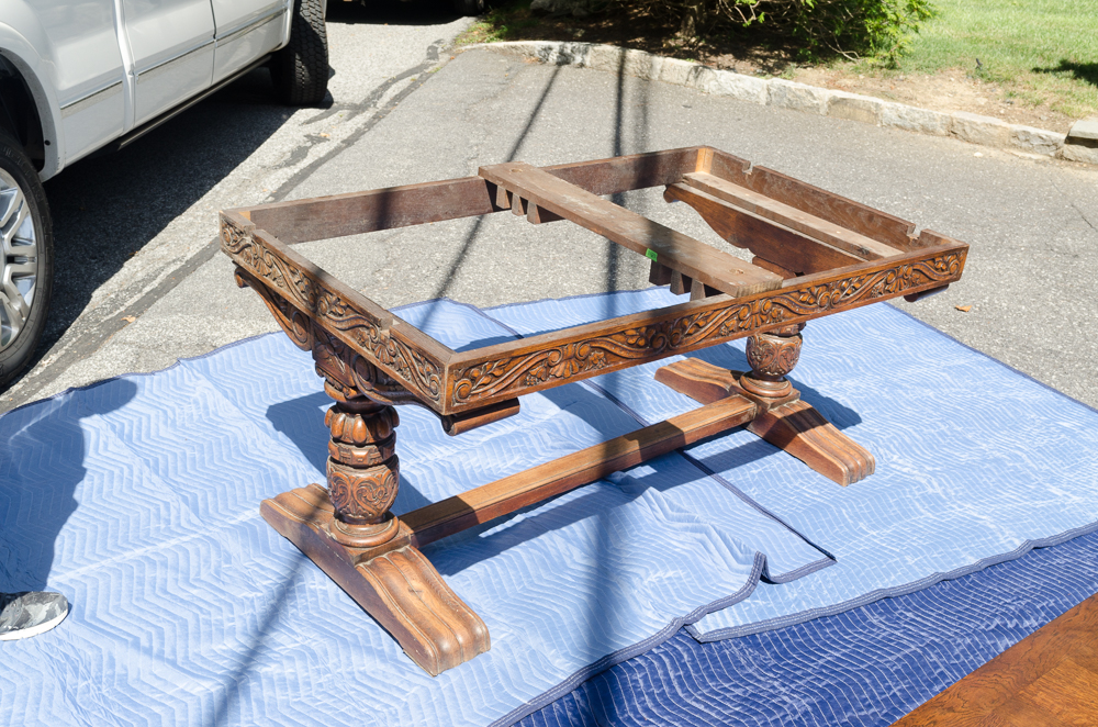 Hand-Carved Antique Wooden Table with Parquet Top