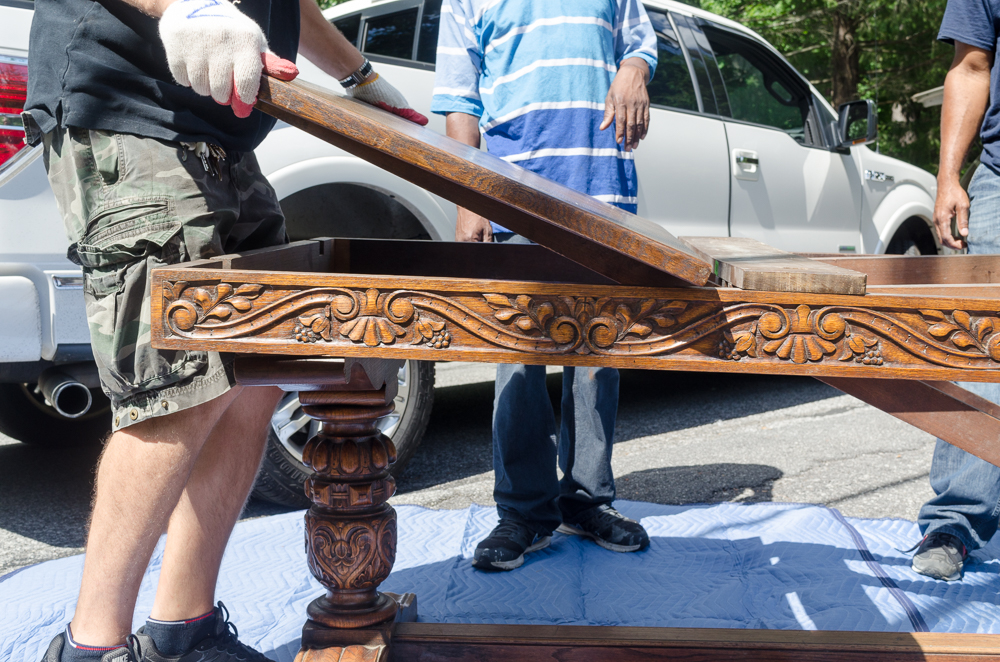 Hand-Carved Antique Wooden Table with Parquet Top