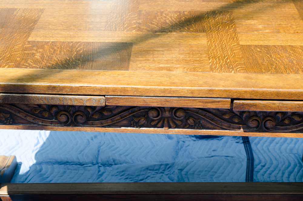 Hand-Carved Antique Wooden Table with Parquet Top