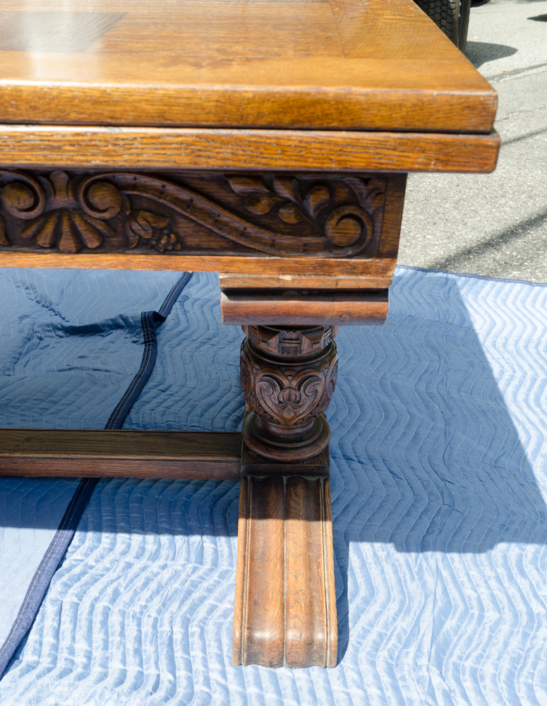 Hand-Carved Antique Wooden Table with Parquet Top