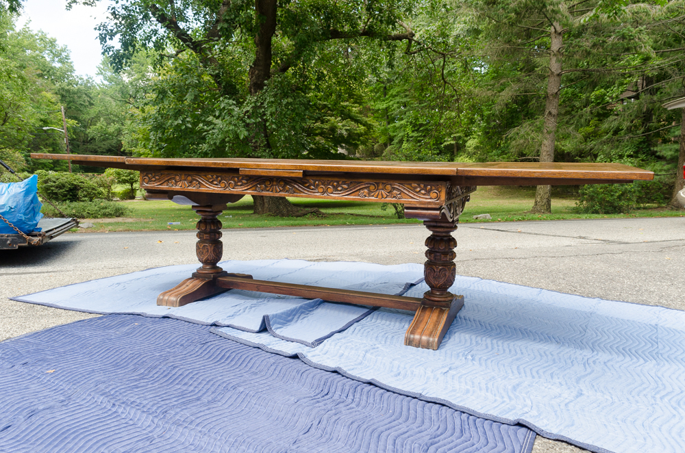 Hand-Carved Antique Wooden Table with Parquet Top