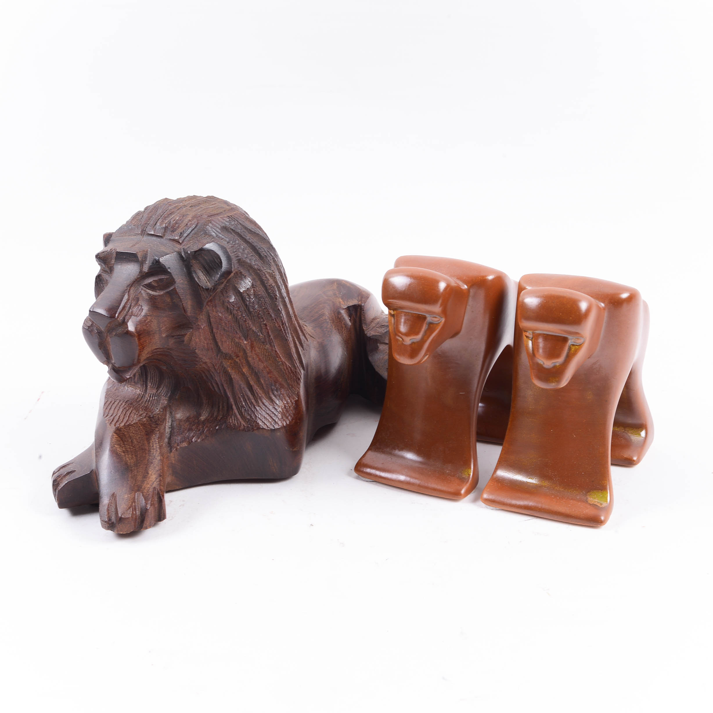 Hand Carved Lion and Ceramic Apes