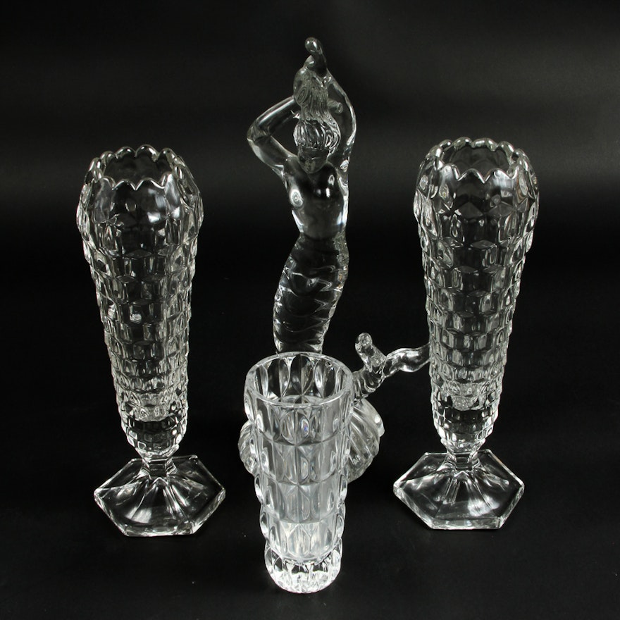 Collection of Fostoria Glass Bud Vases and Mermaid Sculpture