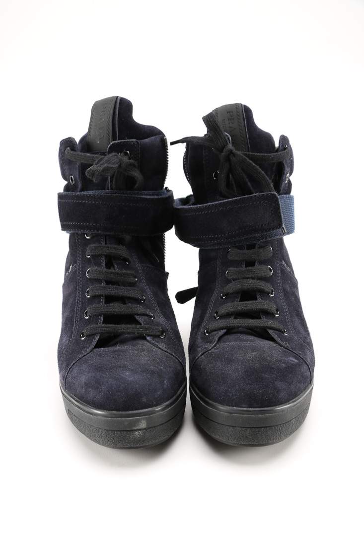 Prada Scamosciato Sport Navy Suede Wedge Sneakers