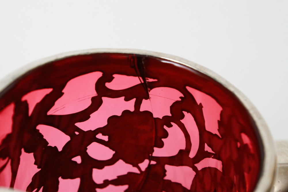 Antique Alvin Sterling Silver Overlay Ruby Glass Pitcher