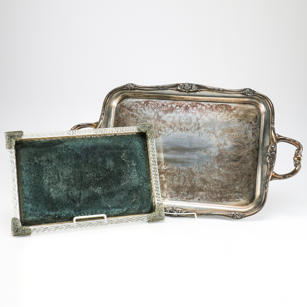 1881 Rogers Silver Plate Serving Tray and Filigree Mirror Tray