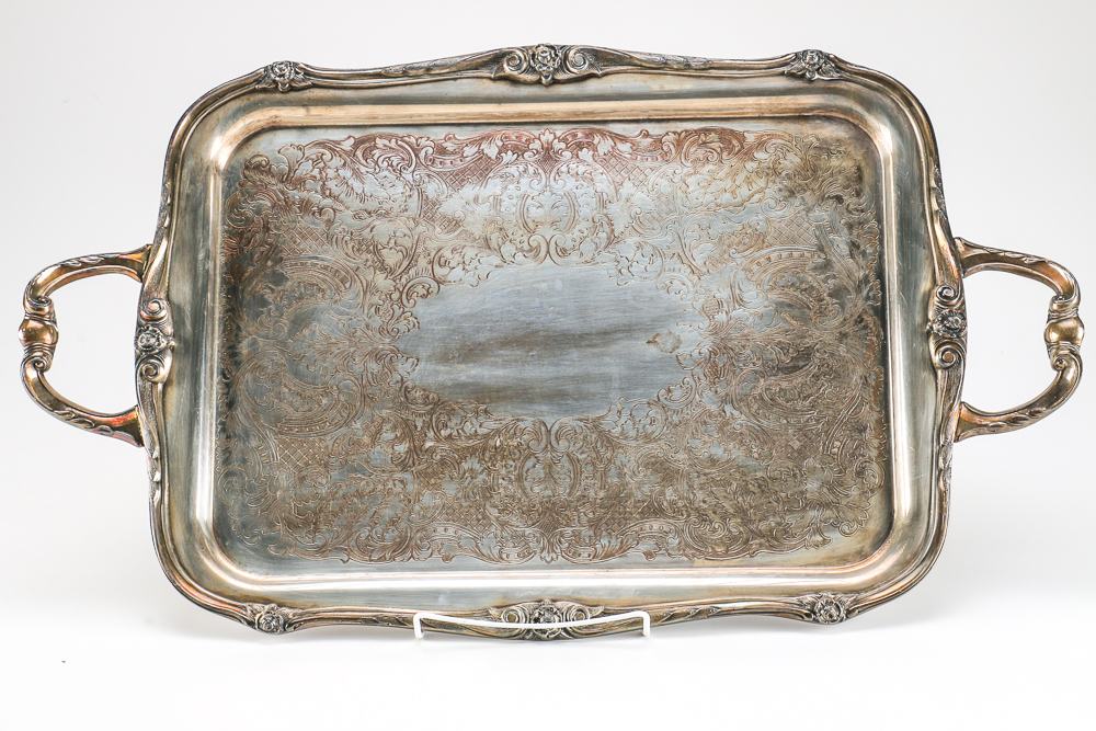 1881 Rogers Silver Plate Serving Tray and Filigree Mirror Tray