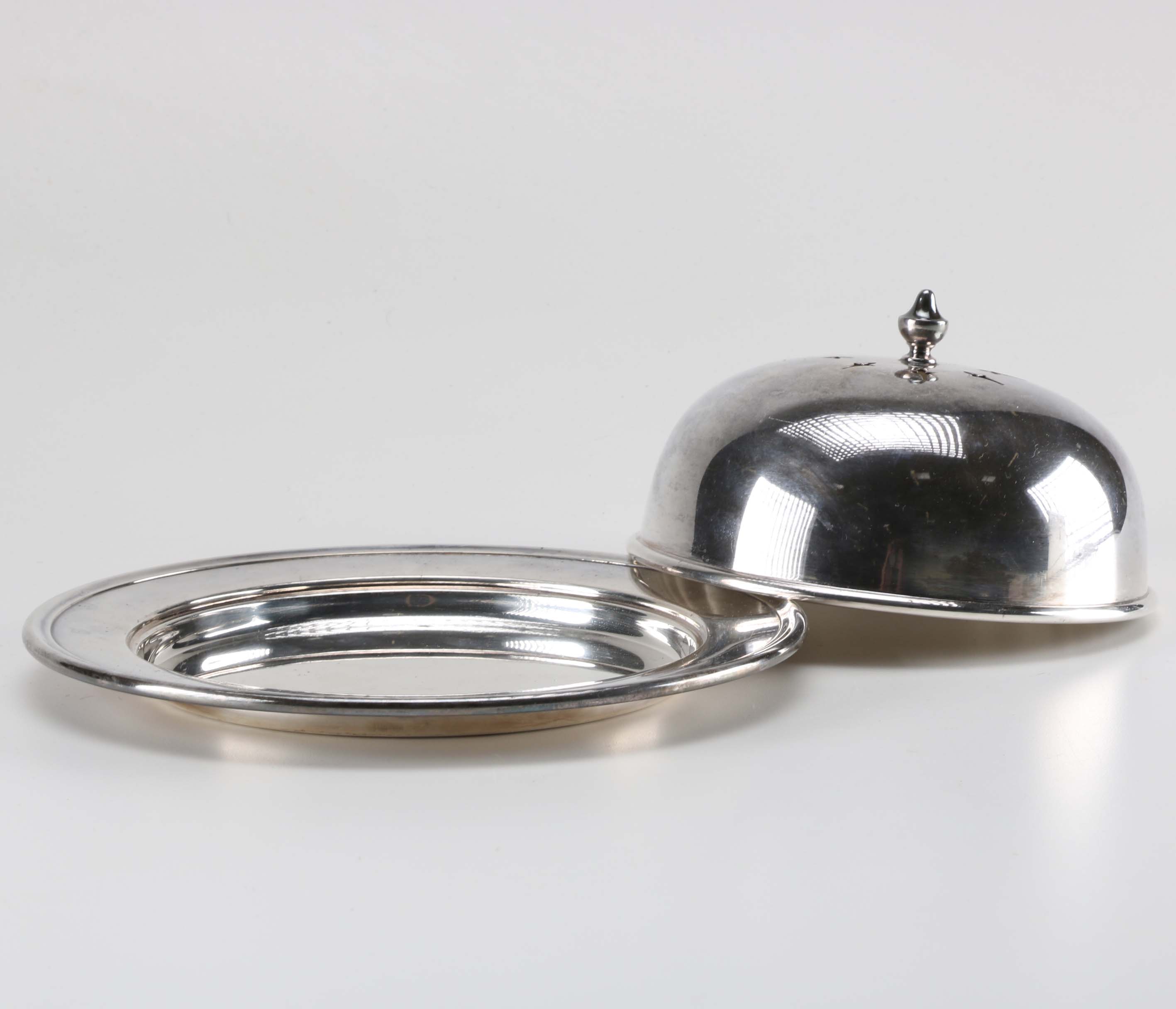 1950s Gorham Plated Silver Covered Serving Dish and Glasses