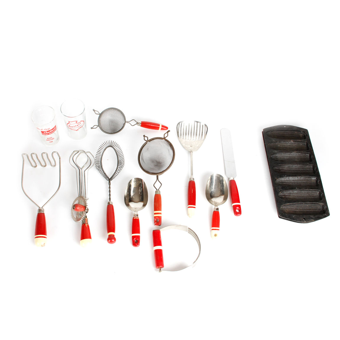 Collection of Mid Century Red and White Stiped MFG Co. Kitchen Utensils