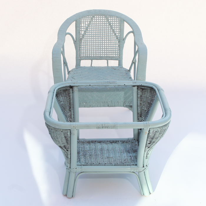 Vintage 1920s Wicker Arm Chair and Glass Top Side Table