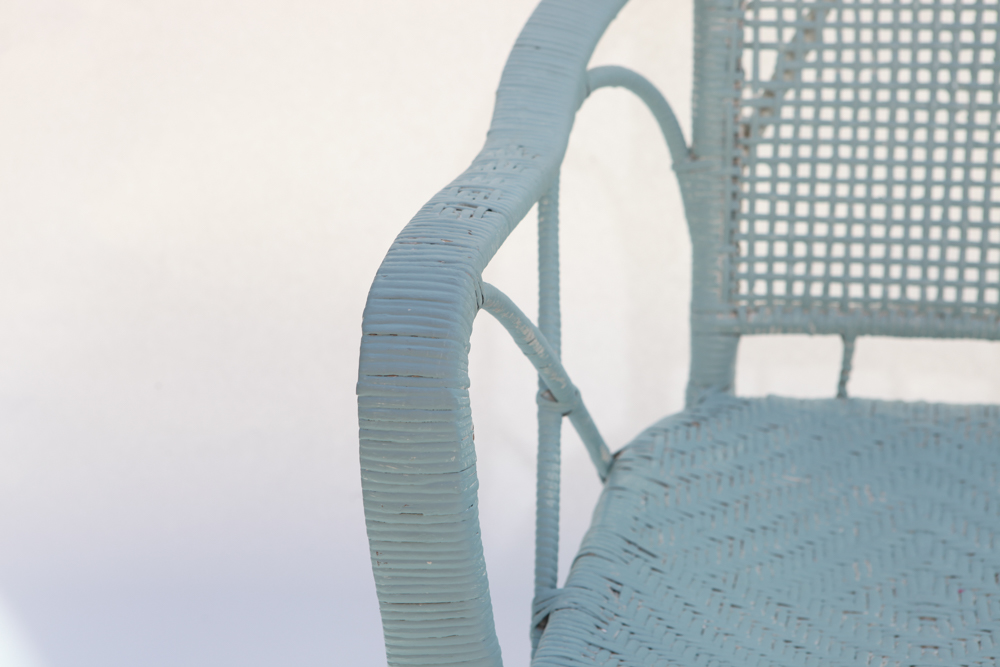 Vintage 1920s Wicker Arm Chair and Glass Top Side Table