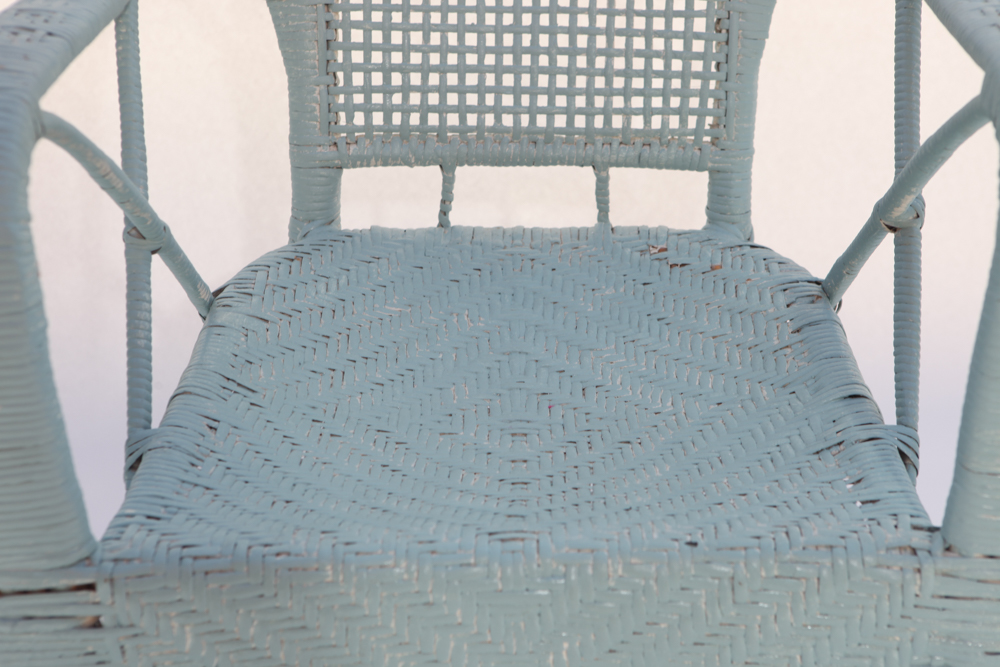 Vintage 1920s Wicker Arm Chair and Glass Top Side Table