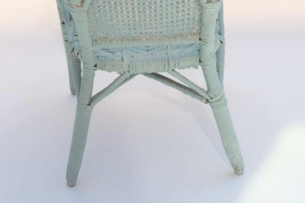 Vintage 1920s Wicker Arm Chair and Glass Top Side Table