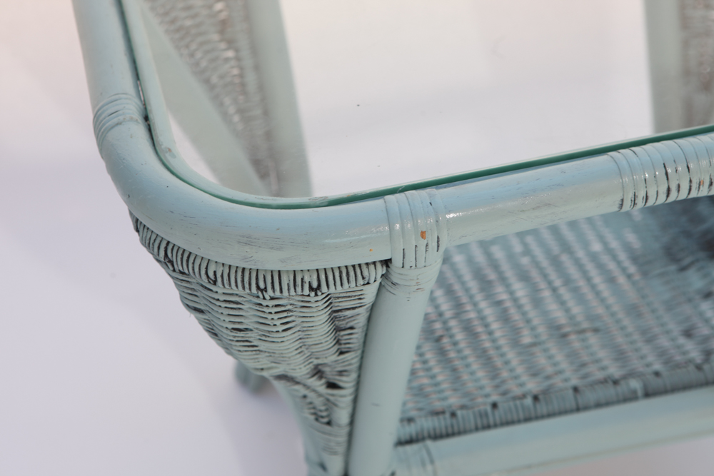 Vintage 1920s Wicker Arm Chair and Glass Top Side Table