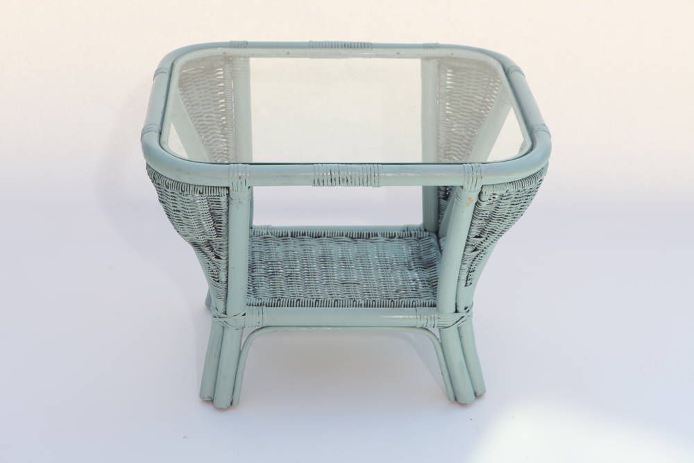 Vintage 1920s Wicker Arm Chair and Glass Top Side Table
