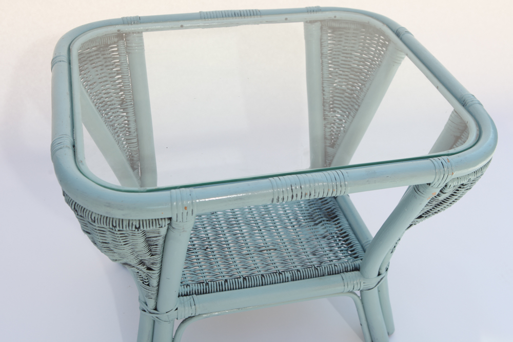 Vintage 1920s Wicker Arm Chair and Glass Top Side Table