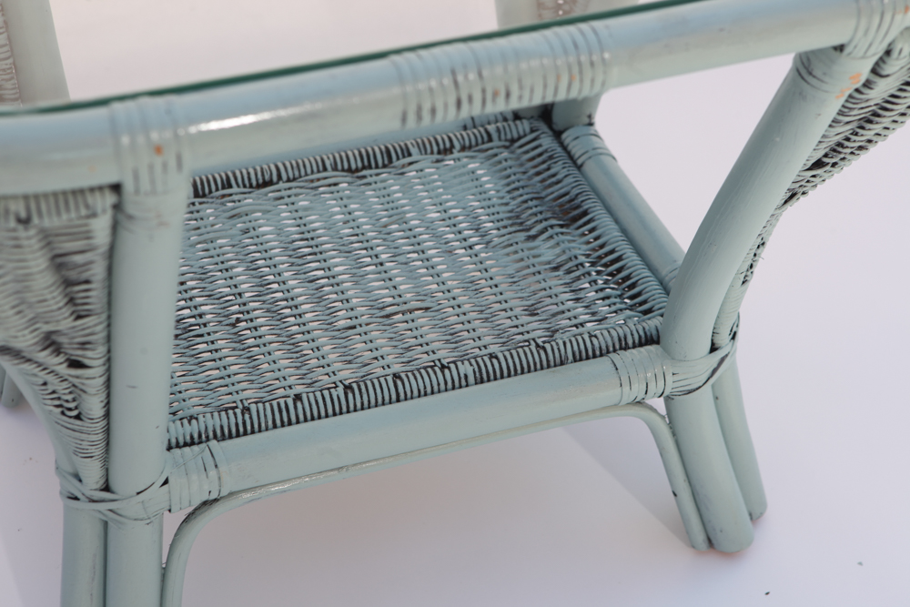 Vintage 1920s Wicker Arm Chair and Glass Top Side Table