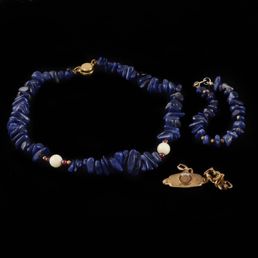Sodalite Nugget Beaded Necklace and 1940s OSU Goldtone Bracelet