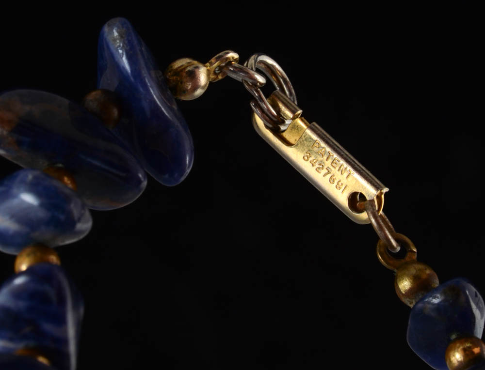 Sodalite Nugget Beaded Necklace and 1940s OSU Goldtone Bracelet