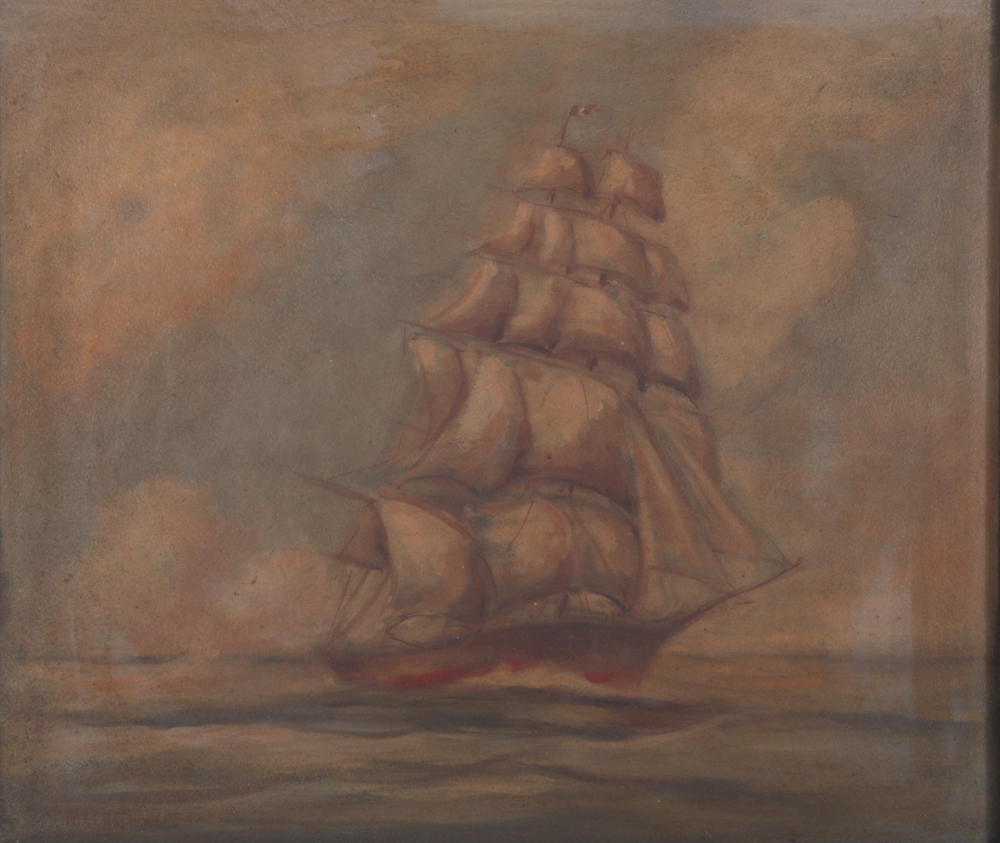 Eugene J. Melancon Signed Oil on Board Full Rigged Ship Seascape