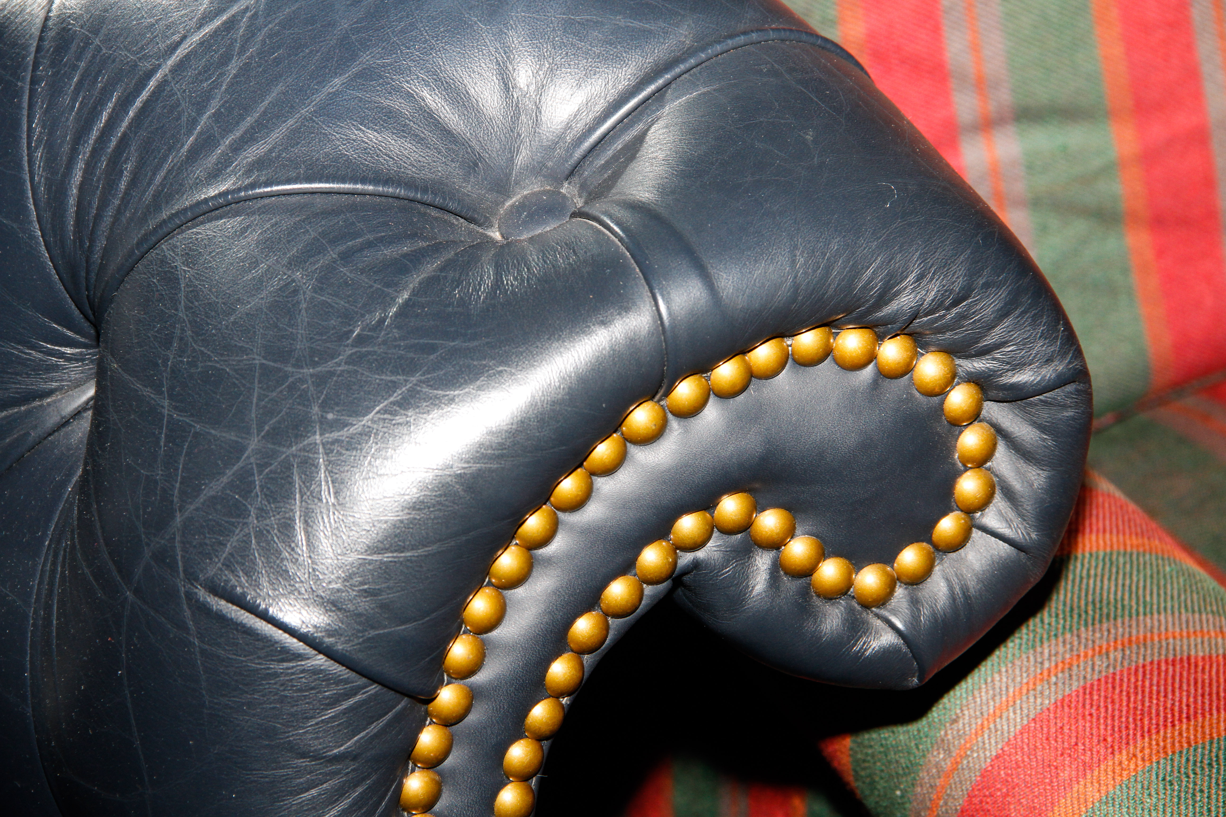 Vintage Navy Leather Tufted Sofa