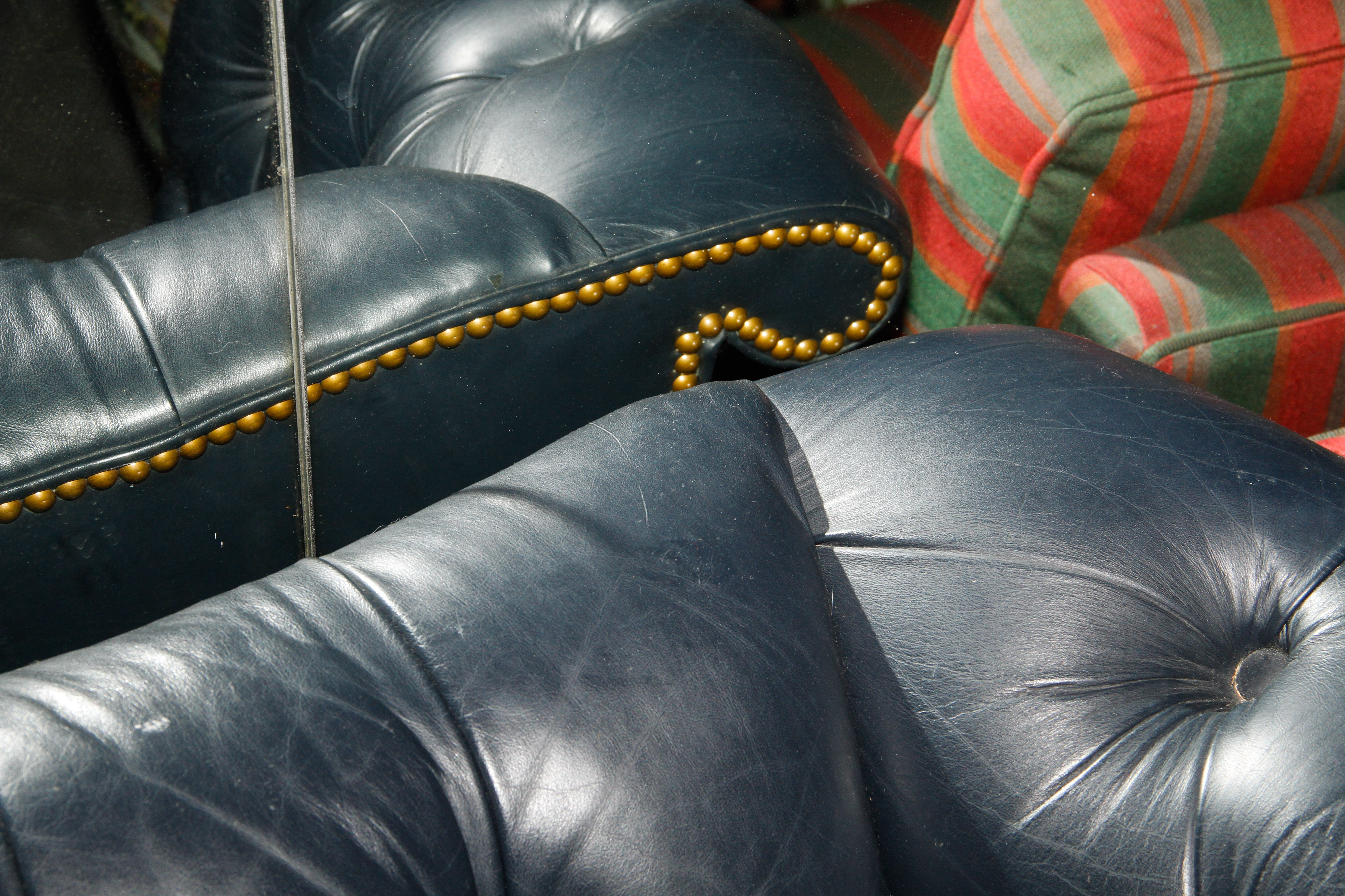 Vintage Navy Leather Tufted Sofa