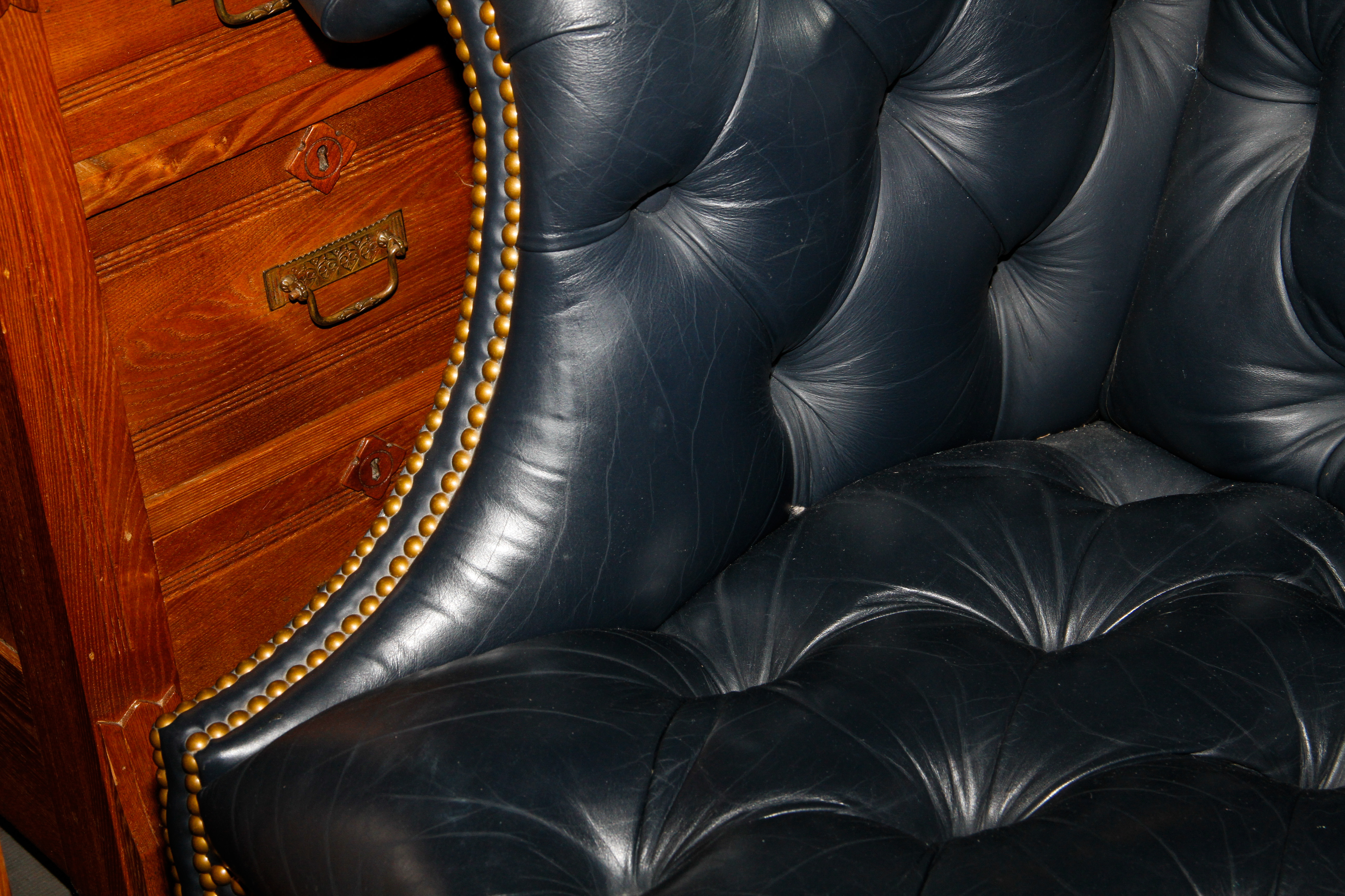 Vintage Navy Leather Tufted Sofa