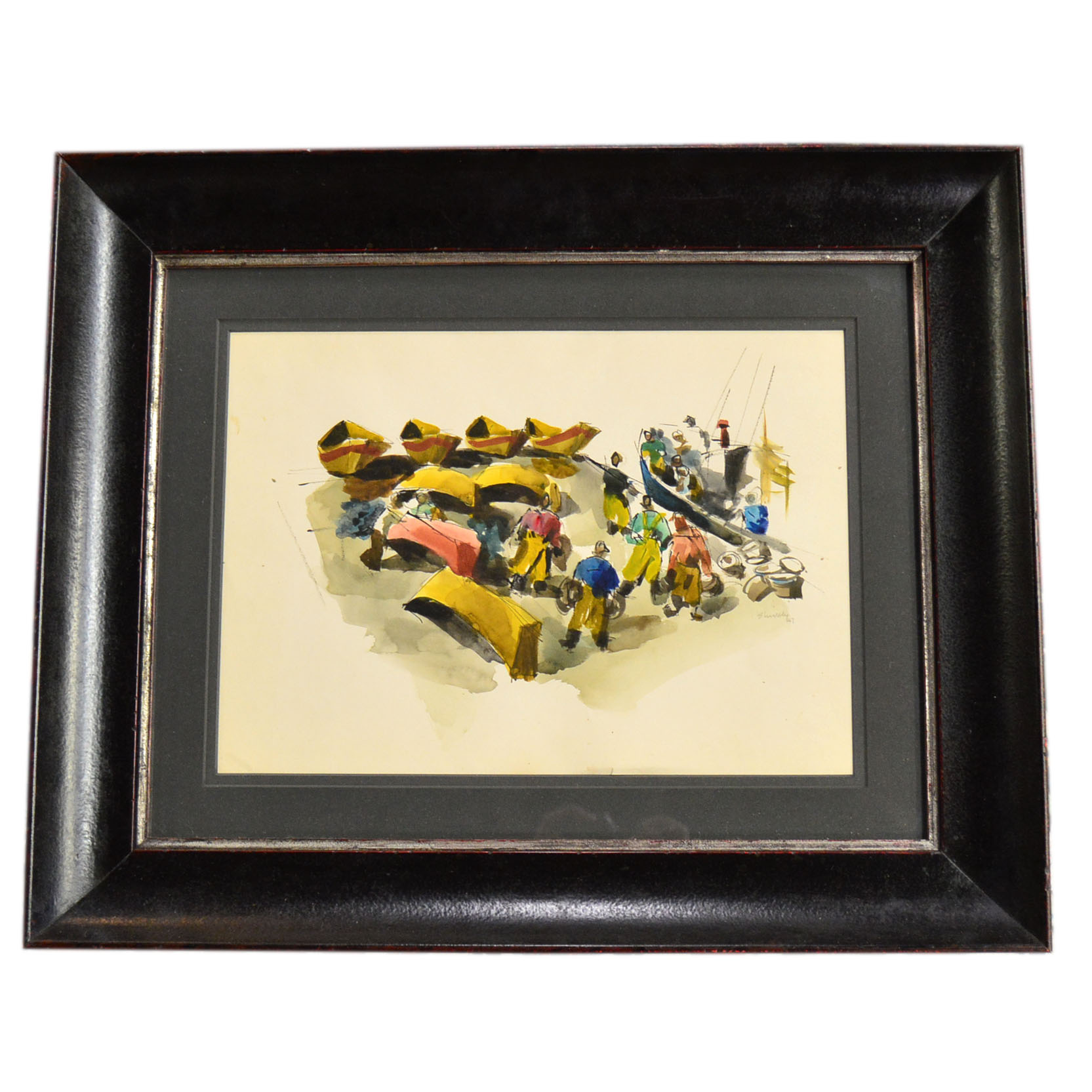 Paul Shively Original Watercolor Depicting A Shipping Yard