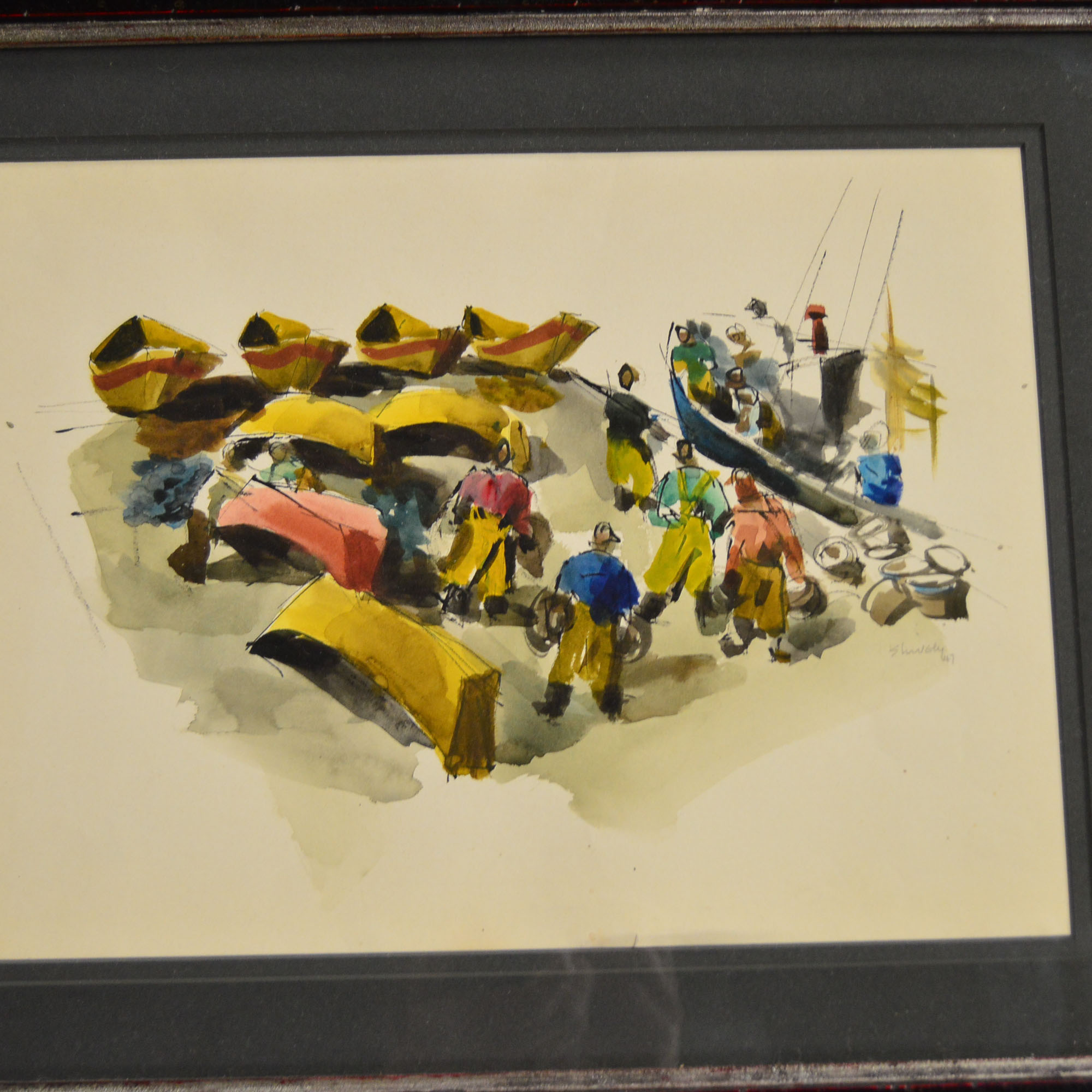 Paul Shively Original Watercolor Depicting A Shipping Yard