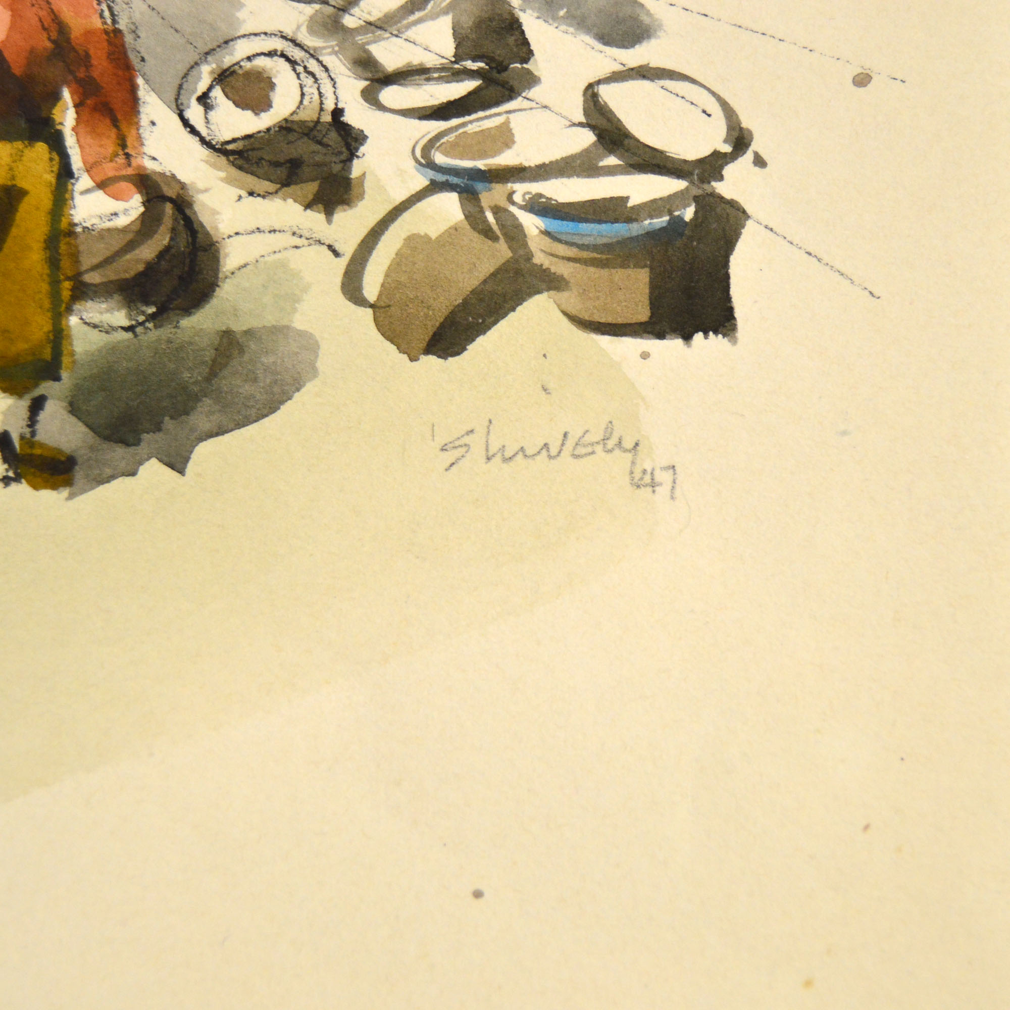 Paul Shively Original Watercolor Depicting A Shipping Yard