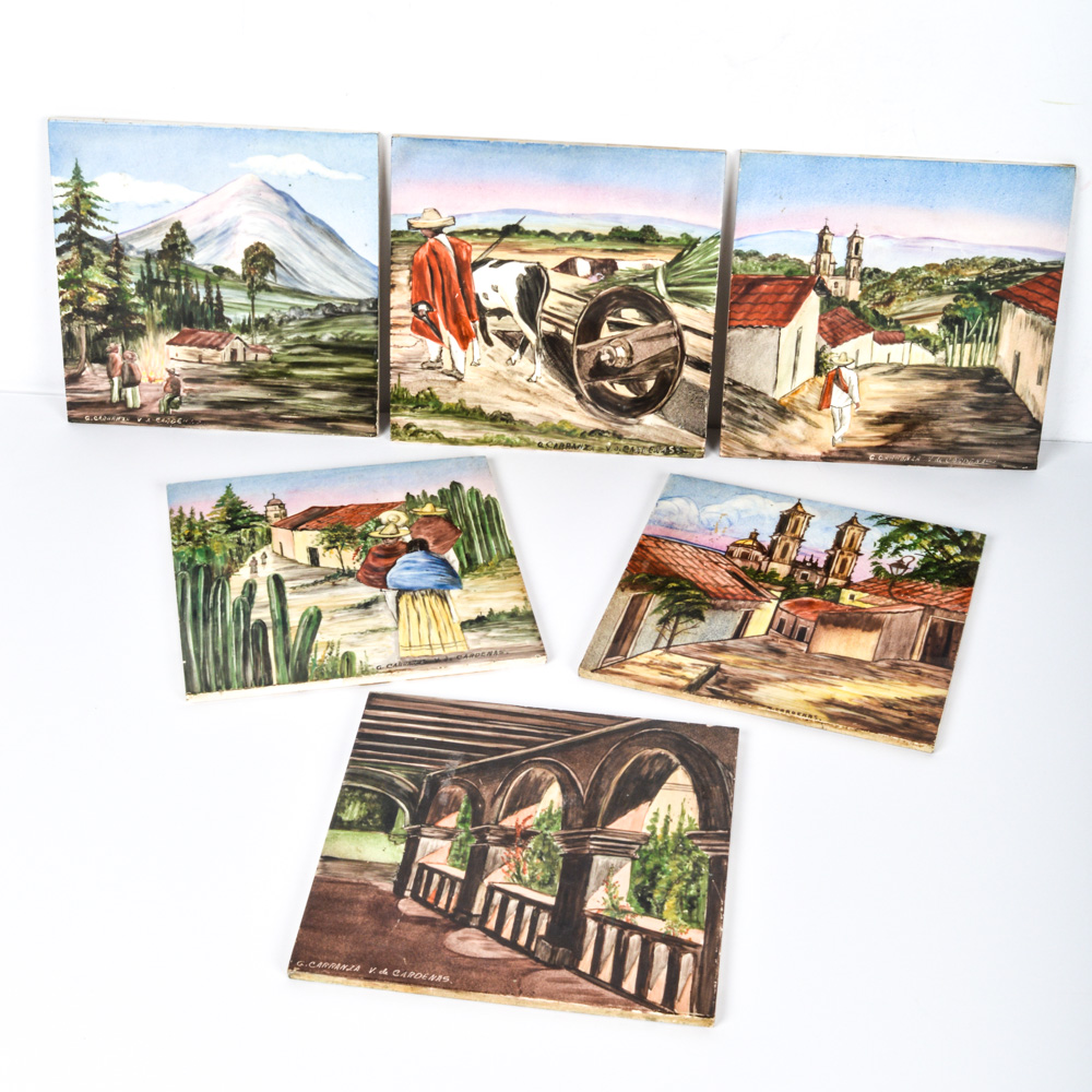 Set of Six Signed Hand Painted Ceramic Mexican Art Tiles