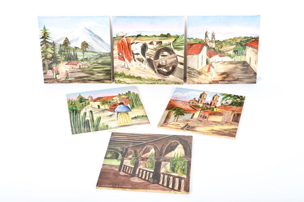 Set of Six Signed Hand Painted Ceramic Mexican Art Tiles