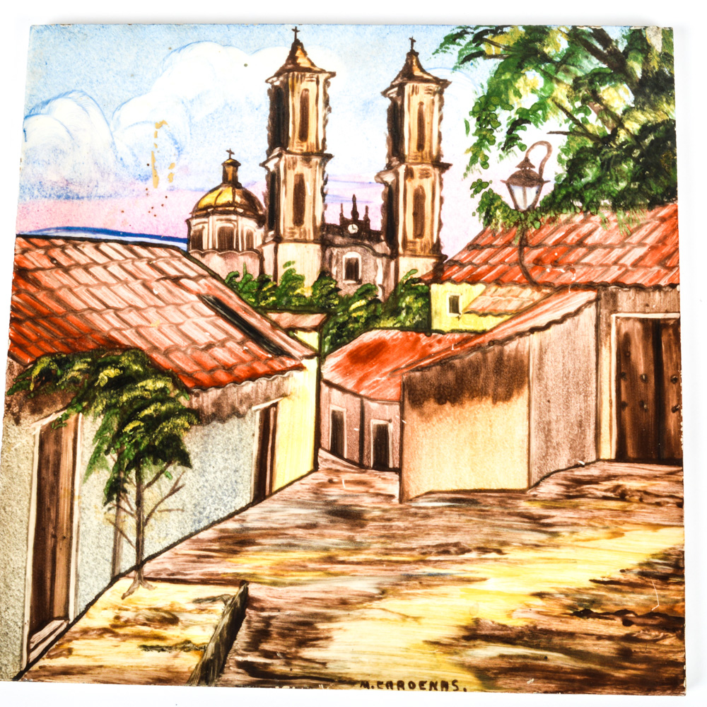 Set of Six Signed Hand Painted Ceramic Mexican Art Tiles