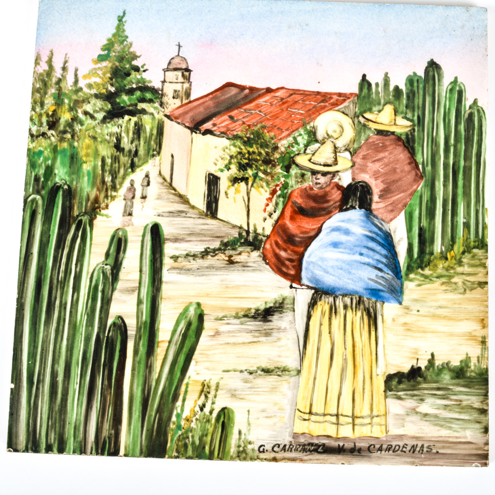 Set of Six Signed Hand Painted Ceramic Mexican Art Tiles