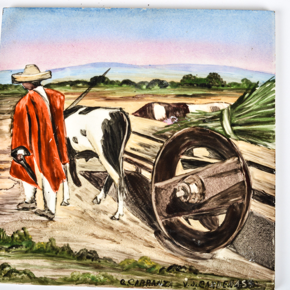 Set of Six Signed Hand Painted Ceramic Mexican Art Tiles